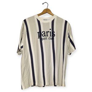 Vintage Paris Sports Club Beige & Navy Striped Short Sleeve T Shirt Size Large